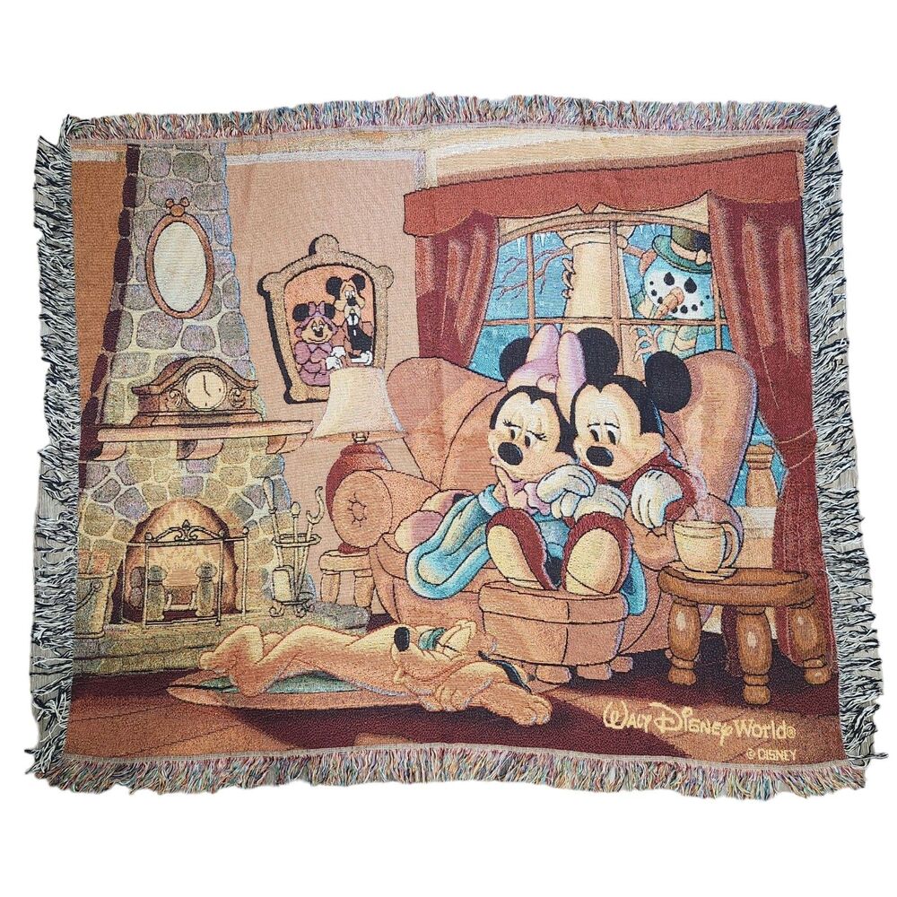 Disney Woven Tapestry Throw Blanket Mickey Minnie Pluto Fireplace 60x50